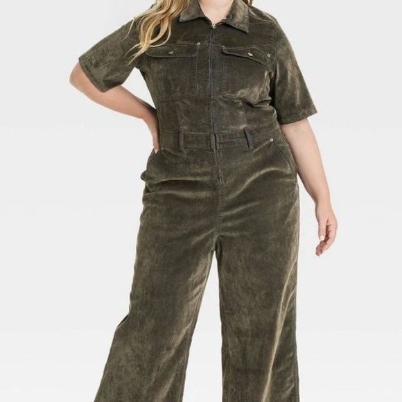 Universal Thread - Women's Holiday Short Sleeve Flocked Denim Jumpsui Olive - Picture 4 of 14